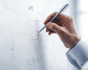 Hand writing on a whiteboard with a silver pen, brainstorming ideas and strategies.