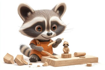 Cute Raccoon Woodworking Cartoon Character