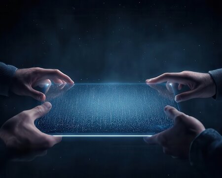 Hands exchanging a futuristic digital tablet with glowing holographic display.