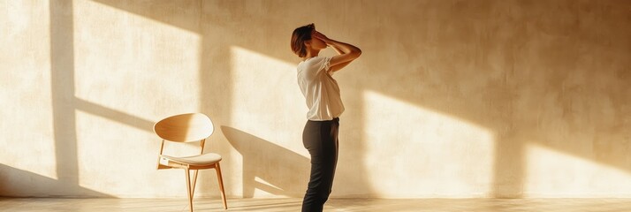 Young woman is standing alone in a room bathed in warm sunlight, holding her head with her hands as if experiencing a headache or a moment of stress