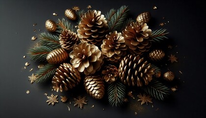 Golden Pine Cones,Gold pine cones scattered on rich black background,generative ai