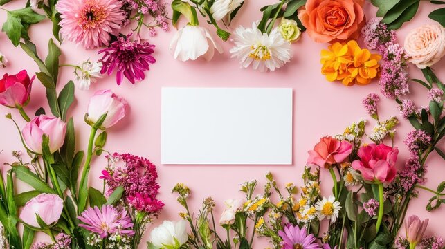 elegant white greeting card adorned with colorful flowers, resting on a gentle pink background, evoking feelings of love and warmth perfect for personal messages