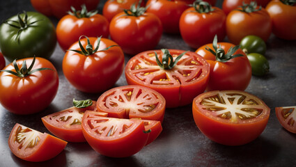 Many whole and sliced red and green tomatoes are on a dark surface.

