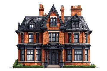 Fototapeta premium Victorian Brick House with Black Trim and Stone Roof