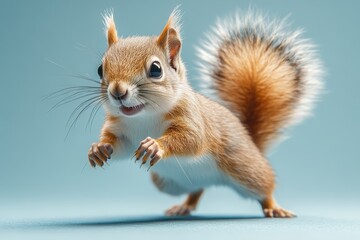Happy Squirrel Jumping Towards Camera Against Blue Background – Photorealistic High-Resolution Studio Shot

