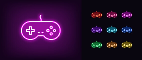 Outline neon retro gamepad icon set. Glowing neon retro joystick for arcade games, videogame station controller. Vintage gamepad, retro computer games, play console, cybersport club. Vector icons © Дмитрий Майер