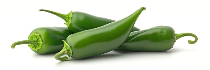 A bunch of green peppers are sitting on a white background. The peppers are all different sizes and are arranged in a way that they are not touching each other