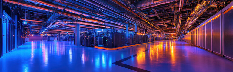 AI processing center, where data flows through glowing pipes into a massive supercomputer