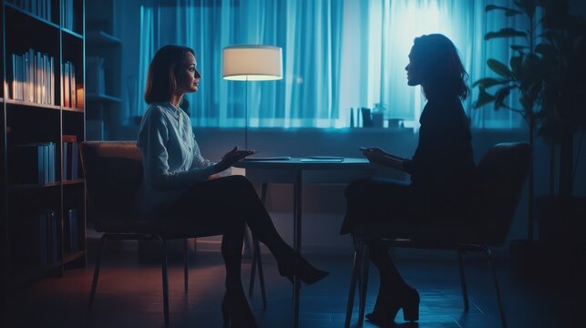 Two modern stylish women are sitting in the office discussing ideas and implementation of plans. A confidential conversation between a woman and a consultant psychologist.