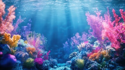 Fototapeta premium enchanting fantasy underwater landscape filled with vibrant sea life, colorful corals, and a mystical ambiance. the ethereal beauty of the underwater world invites imagination and wonder