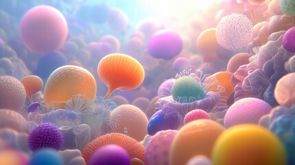 A vibrant abstract scene featuring colorful, spherical shapes floating in a dreamlike environment, bathed in soft, ethereal light, creating a sense of wonder.