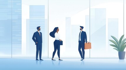 Fototapeta premium Three professionals interacting in a modern office with a city view.