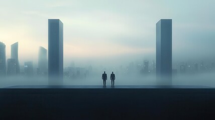 Fototapeta premium Two figures stand before colossal structures shrouded in mist, creating a mysterious, atmospheric scene.