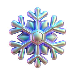Fototapeta premium 3D plastic holographic snowflake. Realistic 3d element of shimmering metallic snowflake isolated on white background