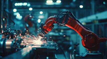 Fototapeta premium engineer programming advanced welding robots on a factory assembly line, showcasing the intersection of technology and manufacturing, with a focus on precision and innovation in production