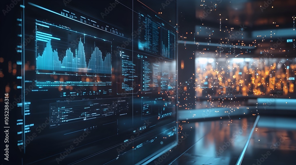 Poster futuristic smart city dashboard with digital data particle visualizations