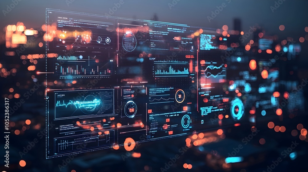 Aufkleber futuristic digital dashboard with floating particle graphs displaying real time smart city energy da