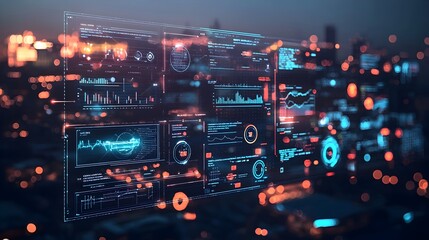 Obraz premium Futuristic Digital Dashboard with Floating Particle Graphs Displaying Real Time Smart City Energy Data