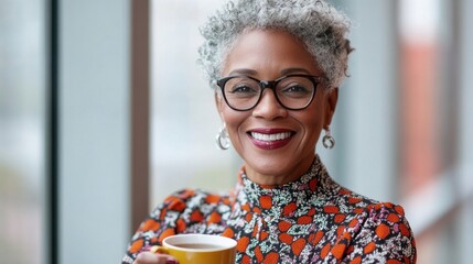 Joyful Elderly Woman Smiling with a Cup