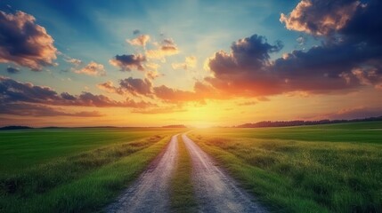 Fototapeta premium expansive summer landscape featuring a lush green field stretching towards the horizon, an empty winding road leading into a dramatic sunset with vibrant clouds