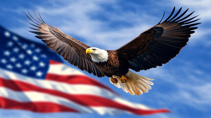 Obraz premium High-flying American Bald Eagle above a billowing US flag, a vivid portrayal of national pride and strength-4