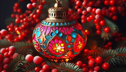Obraz premium Red Garland and Colorful Lantern, bright, colorful lantern amidst red berried garlands,generative ai