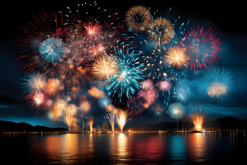 Farbenpr&auml;chtiges Feuerwerk &uuml;ber Wasser bei Nacht - KI generiert