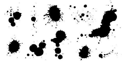 Set of grunge ink splatter. Splash of paints, spray drops, wet paint drop collection. Kit with design elements: splash and drip , silhouette blob spray. Vector illustration