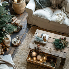 Aerial View of Modern Apartment with Christmas Decor and Cozy Elements for the Holidays