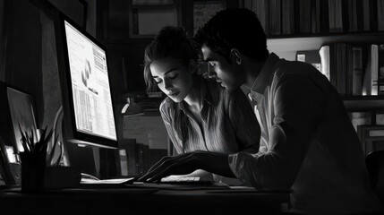 Working together on project. Two young business colleagues working on computer