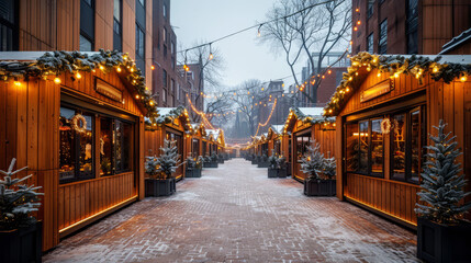 Snowy Christmas Market Street with Wooden Stalls and Festive Lighting, Winter Holiday Celebration
