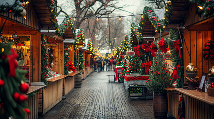 Traditional Christmas market with holiday decorations, lights, and festive atmosphere