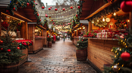 Festive Christmas Fair with Illuminated Stalls and Holiday Decorations, Night Market Atmosphere