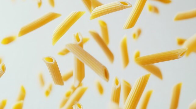 falling strands of uncooked penne rigate pasta, captured mid-air against a pristine white backdrop, showcasing the pasta's smooth texture and classic italian appeal