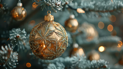 Close-up of a Christmas tree decorated with golden ornaments and holiday lights. Banner