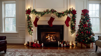 Elegant Christmas fireplace with stockings, garland, and decorated tree, capturing cozy holiday ambiance for seasonal design and decor themes.