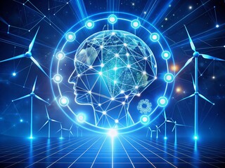 Obraz premium Futuristic Energy Solutions with Robots, Wind Turbines, Solar Panels, and Brain Concept