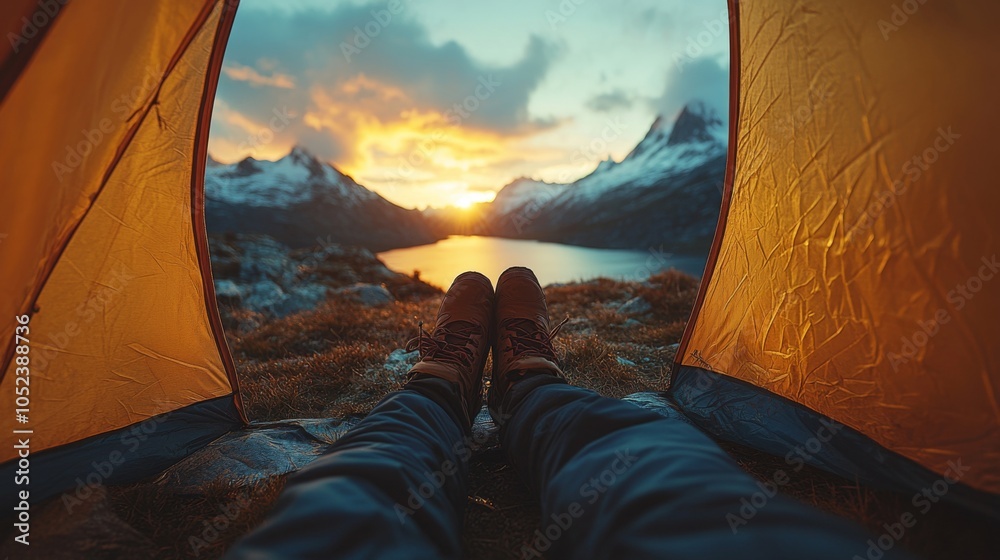 Poster the evening sky is painted with warm hues as a person enjoys the view from inside a tent. mountains 
