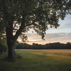 Fototapeta premium Tree meadow sunset