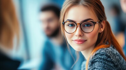 Young smart lady in glasses is reporting to the team of colleagues about the new project at the meeting with the white board. Workers are listening to her, all dressed in casual outfits