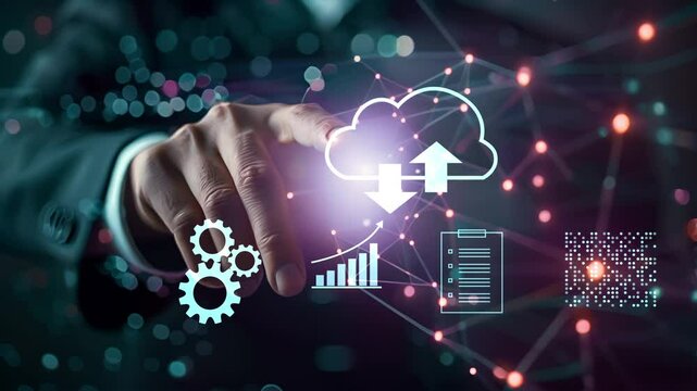 Businessman computer tablet cloud storage document management, online cloud computing database, file storage system digital transformation technology, file access, doc sharing data analysis