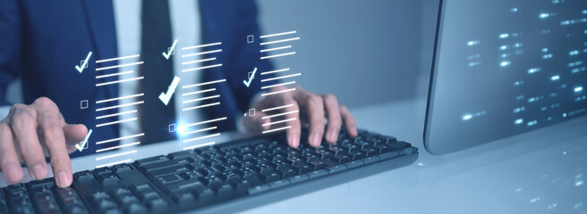 Online survey questionnaire marketing research poll, checkboxes, filling form online answer questions, education test quiz, quality check.