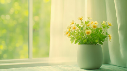 A potted plant with yellow flowers sits on a windowsill, bathed in soft, natural sunlight filtering through sheer curtains, creating a serene atmosphere.