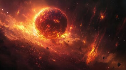Fototapeta premium fiery landscape with a glowing red planet surrounded by luminous stars, swirling nebulae, and cascading asteroids, all set in a dark cosmic void, evoking mystery and magic in a digital art style