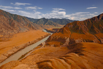 Beautiful autumn landscape Katun river and mountains, famous tourist spot in republic Altai...