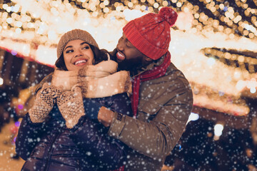 Photo of pretty dreamy boyfriend girlfriend dressed winter season outfits cuddling enjoying noel...