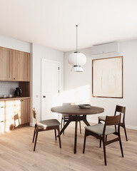 A modern dining room with an elegant round table and wooden chairs