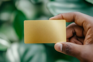 Close-up of a hand holding a gold membership card against a blurred green background in a modern setting