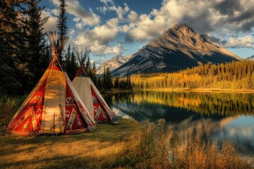 Tipis in Morley, Alberta, Canada with Rocky Mountain Bow Background