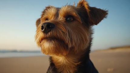 Closeup portrait of a small brown dog looking up at the sunset on a sandy beach.
